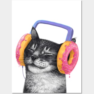 Cat with headphones Posters and Art